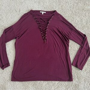 EXPRESS ONE ELEVEN Burgundy Lace Up V-Neck Long Sleeve Tee Women’s Medium